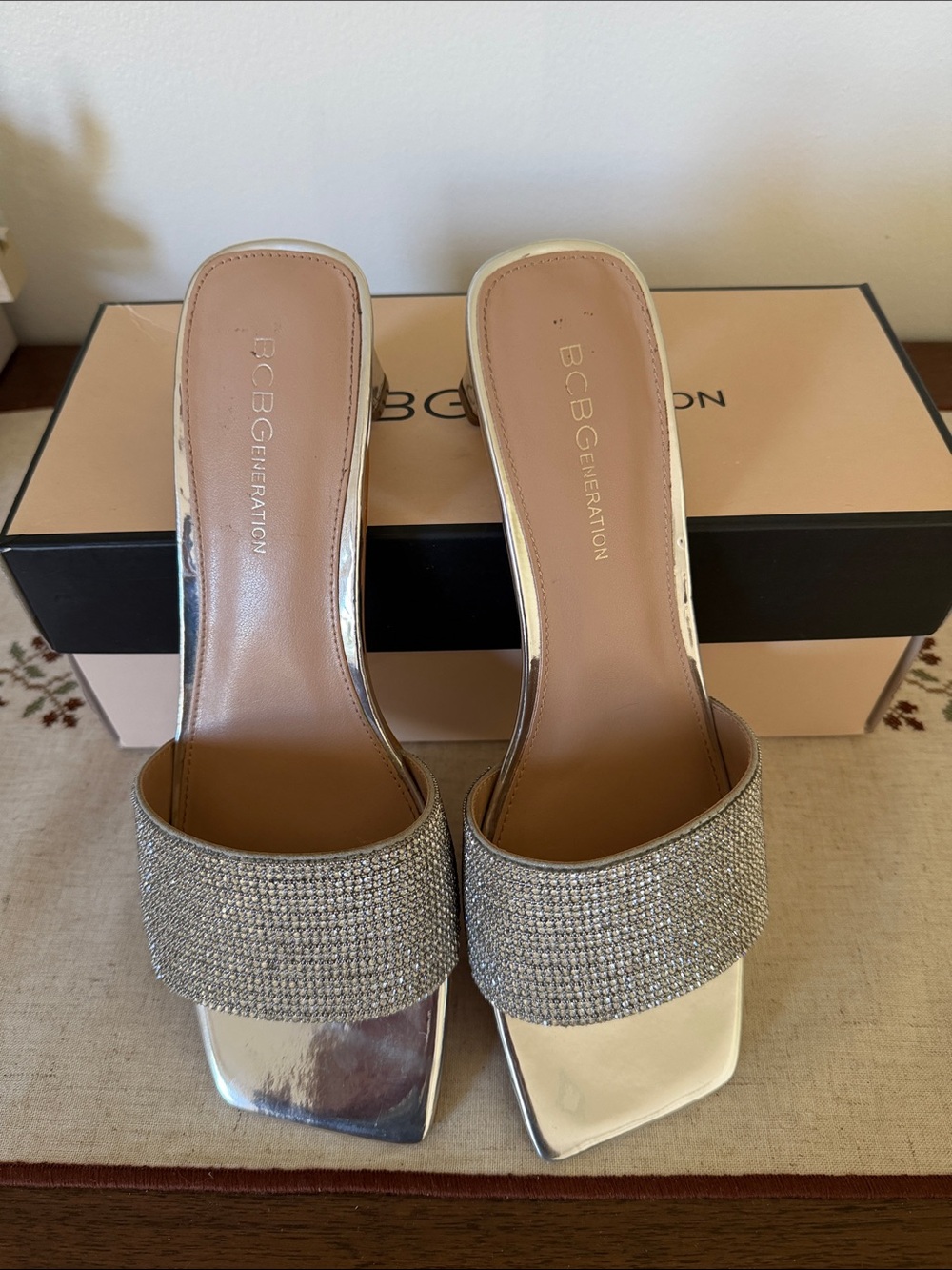 BCBGeneration Silver Crystal-Embellished Slide Mules